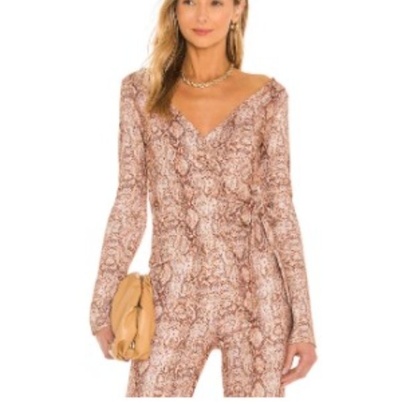 Lovers and Friends S Snake Tan Wrap Top Jumpsuit Look Pants Set 2-Piece - Picture 3 of 13